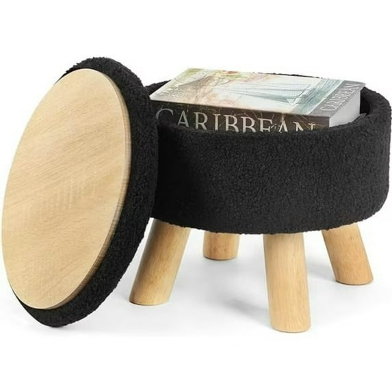 Small Round Ottoman with Storage, Ottoman Foot Rest in Teddy Velvet, Footstool with Wood Legs and Soft Sponge,Small Accent Table or Plant Stand for Living Room, Bedroom, Couch, Enterway(Black)