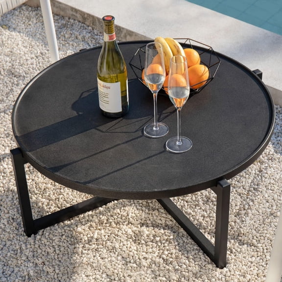 Small Round Outdoor Coffee Table Dark Grey, 12''Hx31.5'''All-Weather Concrete Top Patio End Table W Metal Frame for Garden, Balcony and Living Room