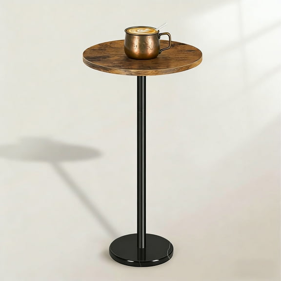 Small Round Pedestal Drink Table for Patio & Indoor - Marble Base Cocktail Side Table in Rustic Brown & Black