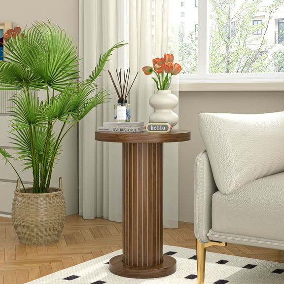 Small Round Pedestal End Table, Modern Side Table Drink Tables for Living Room (Walnut)