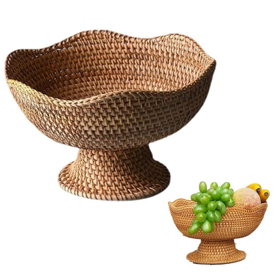 Small Round Rattan Bowl Wicker Basket Natural Pedestal Bread Storage Bowl Organizer For Dining Table Centerpiece Kitchen And Home Decor