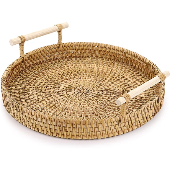 Small Round Rattan Serving Tray, Wicker Basket Tray with Handles Hand Woven Decorative Tray Basket Ottoman Trays for Coffee Table Party Bathroom Home Decor
