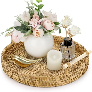 Small Round Rattan Serving Tray, Wicker Basket Tray with Handles Hand Woven Decorative Tray Basket Ottoman Trays for Coffee Table Party Bathroom Home Decor
