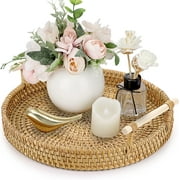 Small Round Rattan Serving Tray, Wicker Basket Tray with Handles Hand Woven Decorative Tray Basket Ottoman Trays for Coffee Table Party Bathroom Home Decor