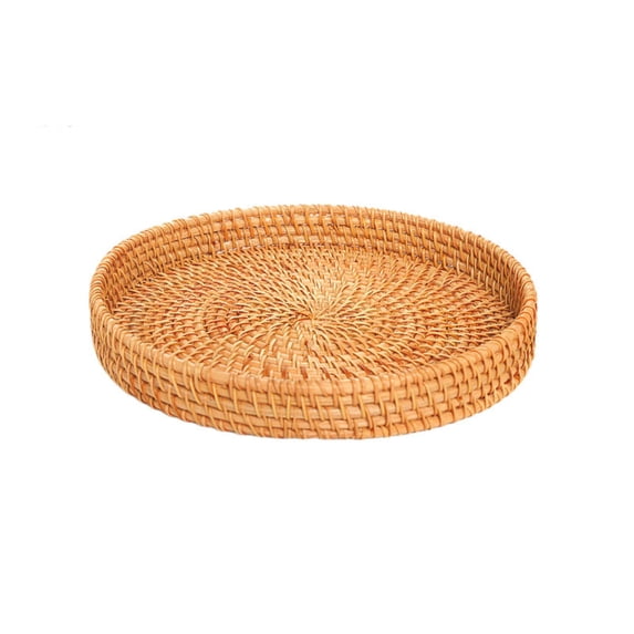 Small Round Rattan Serving Tray,Wicker Basket Tray with Handles,Hand Woven Decorative Tray Basket,for Bread, Fruit & Brunch Display(22Cm)