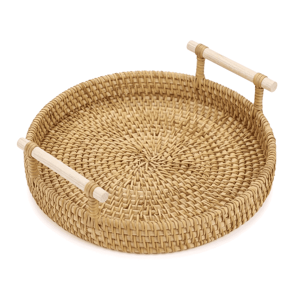 Small Round Handwoven Rattan Serving Tray with Handles, Decorative Wicker Ottoman Tray for Coffee Table, Home Party Decor