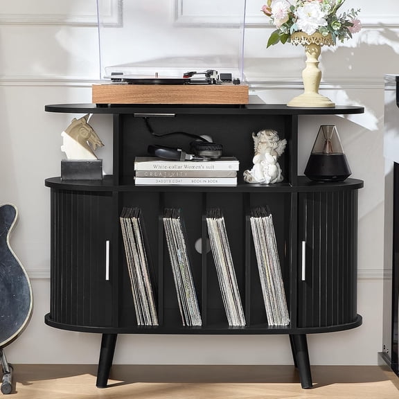Large Round Record Player Stand with Charging Station | Black Mid Century Modern Turntable Cabinet,Fluted Vinyl Storage, Arched Wood Record Player Table for Living Room