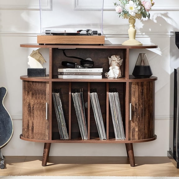 Small Round Record Player Stand with Charging Station,Brown | Mid Century Modern Turntable Cabinet,Fluted Panel Vinyl Storage, Arched Wood Record Player Table for Living Room