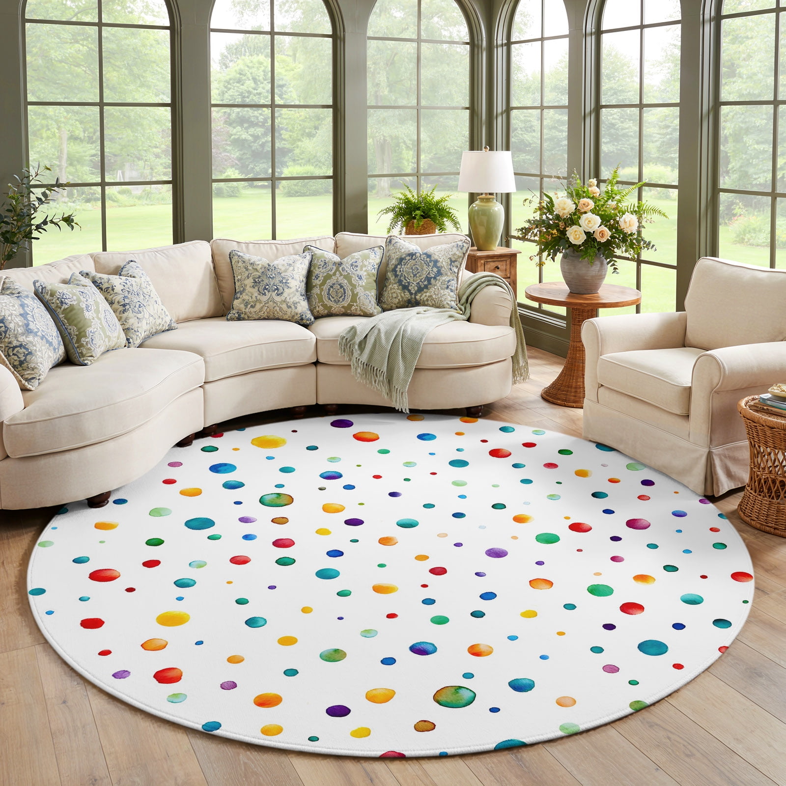 Small Multicolour Rug Small Round Rug 3.3ft, Colorful Polka Dot Non-Slip Circle Area Rug for ...