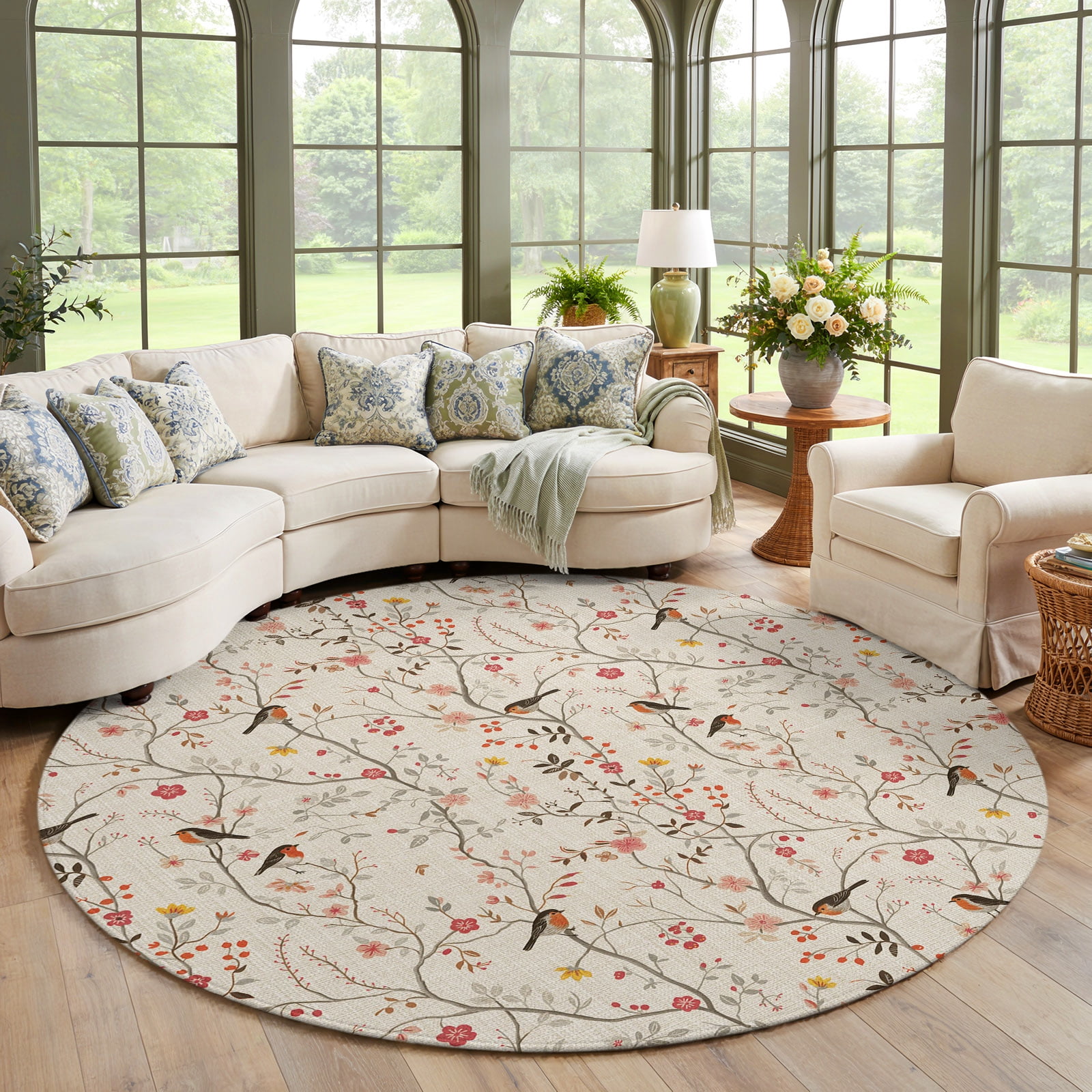 Small Round Rug 3.3ft, Flowers Birds Non-Slip Circle Area Rug for ...