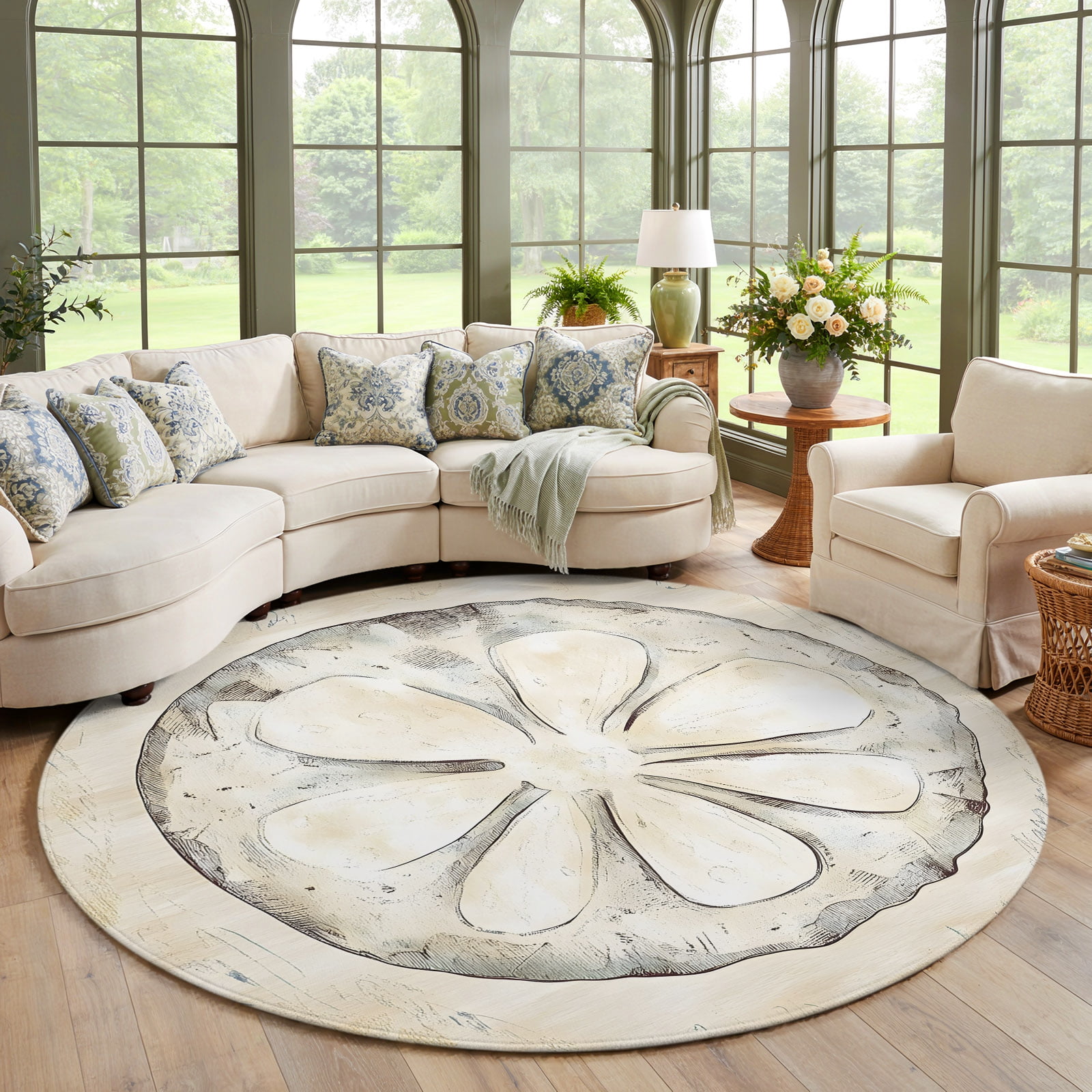 Small Round Rug 3.3ft, Sand Dollar Coastal Non-Slip Circle Area Rug for ...
