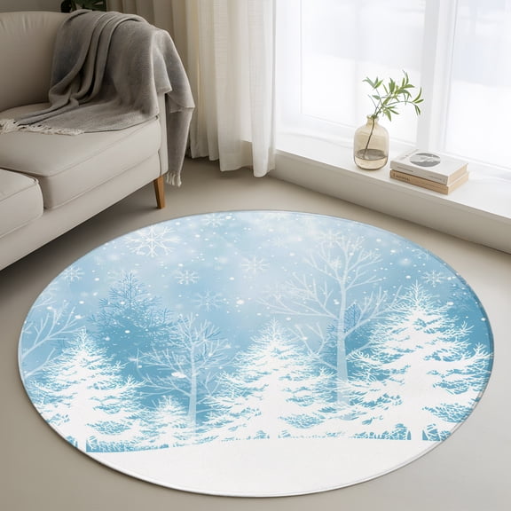 Small Round Rug 3 Ft, Blue Christmas Non Slip Area Rug for Bedroom, Winter White Xmas Pine Tree Snow Scene Washable Low Pile Circle Carpet Door Mat for Indoor Home Kitchen Entryway Nursery Decor
