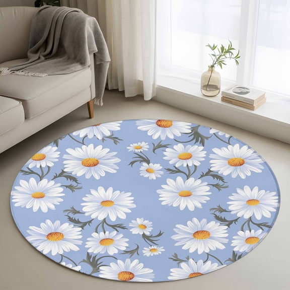 Small Round Rug 3 Ft, Blue Daisy Non Slip Area Rug for Bedroom, Spring Floral Summer Botanical Watercolor Washable Low Pile Circle Carpet Door Mat for Indoor Home Kitchen Entryway Nursery Decor