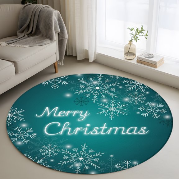 Small Round Rug 3 Ft,Christmas Snowflake Non Slip Area Rug for Bedroom,Ombre Turquoise Teal Winter Xmas Gradient Low Pile Circle Carpet Door Mat for Indoor Home Kitchen Entryway Nursery Decor