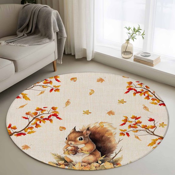 Small Round Rug 3 Ft, Fall Thanksgiving Non Slip Area Rug for Bedroom, Farm Animals Orange Maple Leaf Rustic Washable Low Pile Circle Carpet Door Mat for Indoor Home Kitchen Entryway Nursery Decor