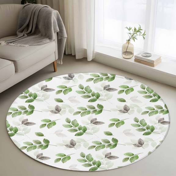 Small Round Rug 3 Ft, Green Botanical Fall Non Slip Area Rug for Bedroom, Pastoral Maple Leaf Autumn Washable Low Pile Circle Carpet Door Mat for Indoor Home Kitchen Entryway Nursery Decor