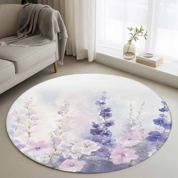 Small Round Rug 3 Ft, Lavender Non Slip Area Rug for Bedroom, Pastoral Pastel Purple Pink Wildflower Washable Low Pile Circle Carpet Door Mat for Indoor Home Kitchen Entryway Nursery Decor
