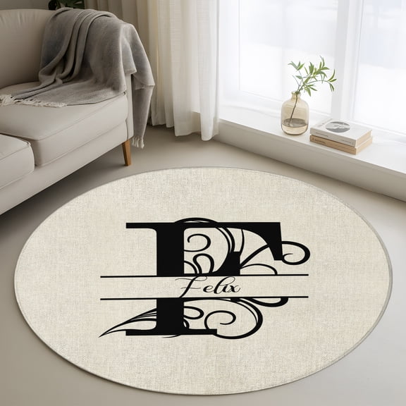 Small Round Rug 3 Ft, Letter F Non Slip Area Rug for Bedroom, Monogram Words Washable Low Pile Circle Carpet Door Mat for Indoor Home Kitchen Entryway Nursery Decor