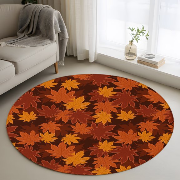 Small Round Rug 3 Ft, Orange Fall Non Slip Area Rug for Bedroom, Autumn Maple Leaf Botanical Thanksgiving Washable Low Pile Circle Carpet Door Mat for Indoor Home Kitchen Entryway Nursery Decor