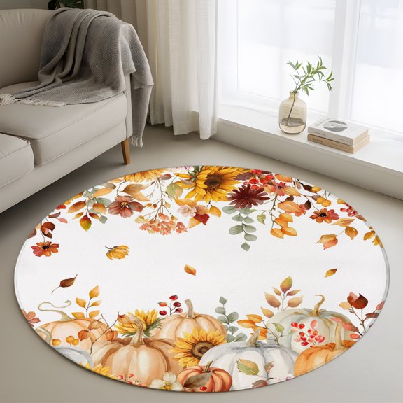 Small Round Rug 3 Ft, Orange Fall Non Slip Area Rug for Bedroom, Thanksgiving Pumpkins Sunflower Maple Leaf Washable Low Pile Circle Carpet Door Mat for Indoor Home Kitchen Entryway Nursery Decor