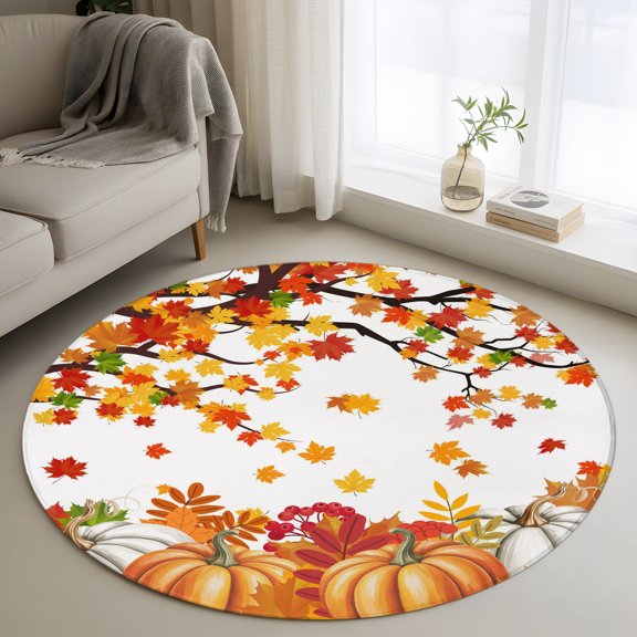 Small Round Rug 3 Ft, Orange Pumpkins Fall Non Slip Area Rug for Bedroom, Maple Leaf Thanksgiving Botanical Washable Low Pile Circle Carpet Door Mat for Indoor Home Kitchen Entryway Nursery Decor