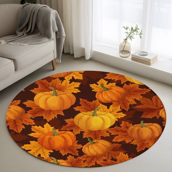 Small Round Rug 3 Ft, Orange Pumpkins Fall Non Slip Area Rug for Bedroom, Maple Leaves Thanksgiving Botanical Washable Low Pile Circle Carpet Door Mat for Indoor Home Kitchen Entryway Nursery Decor