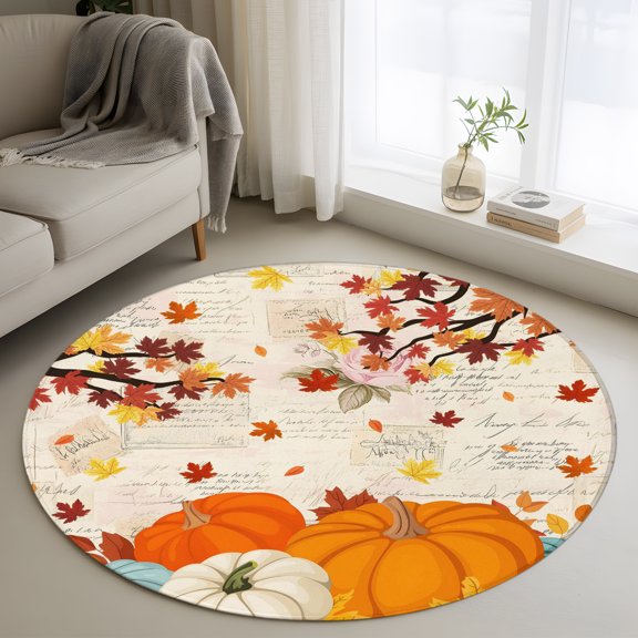 Small Round Rug 3 Ft, Orange Pumpkins Fall Non Slip Area Rug for Bedroom, Thanksgiving Maple Leaf Branches Washable Low Pile Circle Carpet Door Mat for Indoor Home Kitchen Entryway Nursery Decor
