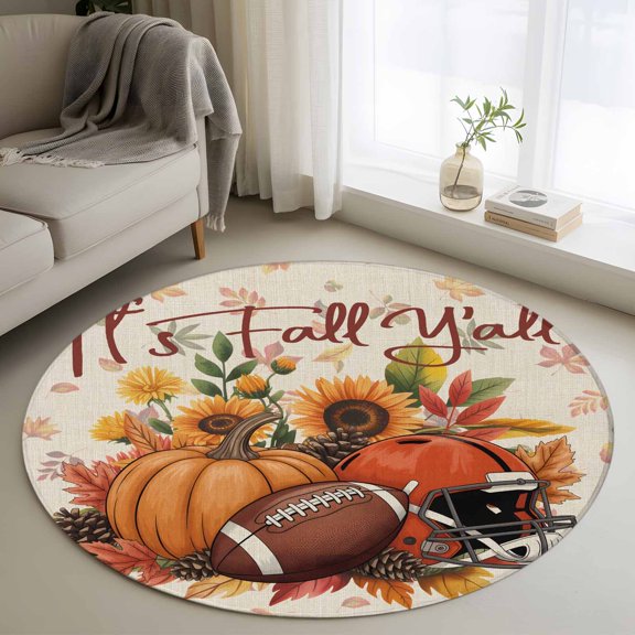 Small Round Rug 3 Ft, Pumpkin Football Fall Non Slip Area Rug for Bedroom, Thanksgiving Sunflower Maple Beige Washable Low Pile Circle Carpet Door Mat for Indoor Home Kitchen Entryway Nursery Decor