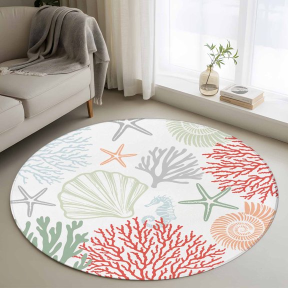 Small Round Rug 3 Ft, Red Sage Green Coastal Non Slip Area Rug for Bedroom, Summer Beach Coral Shell Starfish Washable Low Pile Circle Carpet Door Mat for Indoor Home Kitchen Entryway Nursery Decor