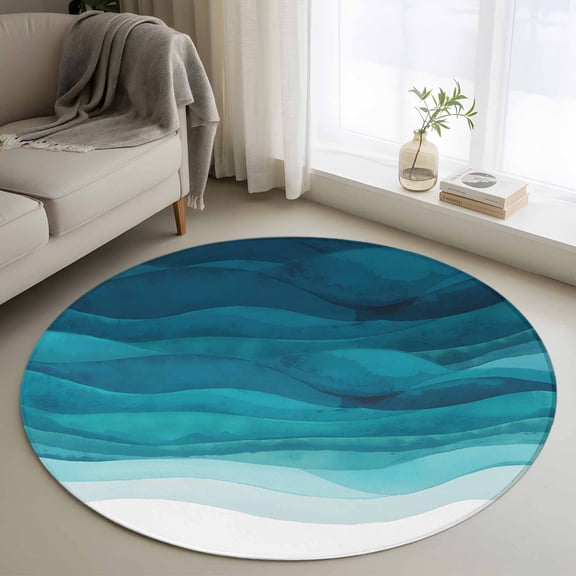 Small Round Rug 3 Ft, Teal Turquoise Waves Non Slip Area Rug for Bedroom, Ombre Coastal Ocean Water Abstract Washable Low Pile Circle Carpet Door Mat for Indoor Home Kitchen Entryway Nursery Decor