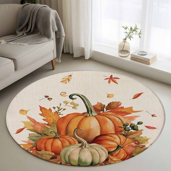 Small Round Rug 3 Ft, Thanksgiving Fall Non Slip Area Rug for Bedroom, Pumpkin Harvest Orange Maple Leaf Rustic Washable Low Pile Circle Carpet Door Mat for Indoor Home Kitchen Entryway Nursery Decor