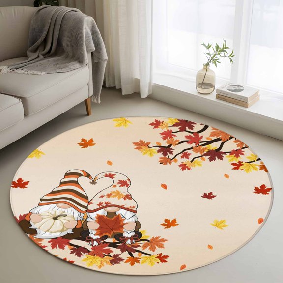 Small Round Rug 3 Ft, Thanksgiving Gnomes Non Slip Area Rug for Bedroom, Fall Maple Leaves Botanical Autumn Washable Low Pile Circle Carpet Door Mat for Indoor Home Kitchen Entryway Nursery Decor