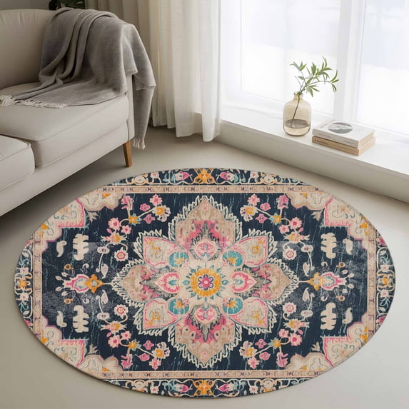 Small Round Rug 3 Ft, Vintage Boho Non Slip Area Rug for Bedroom, Middle Century Western Geometric Abstract Art Washable Low Pile Circle Carpet Door Mat for Indoor Home Kitchen Entryway Nursery Decor