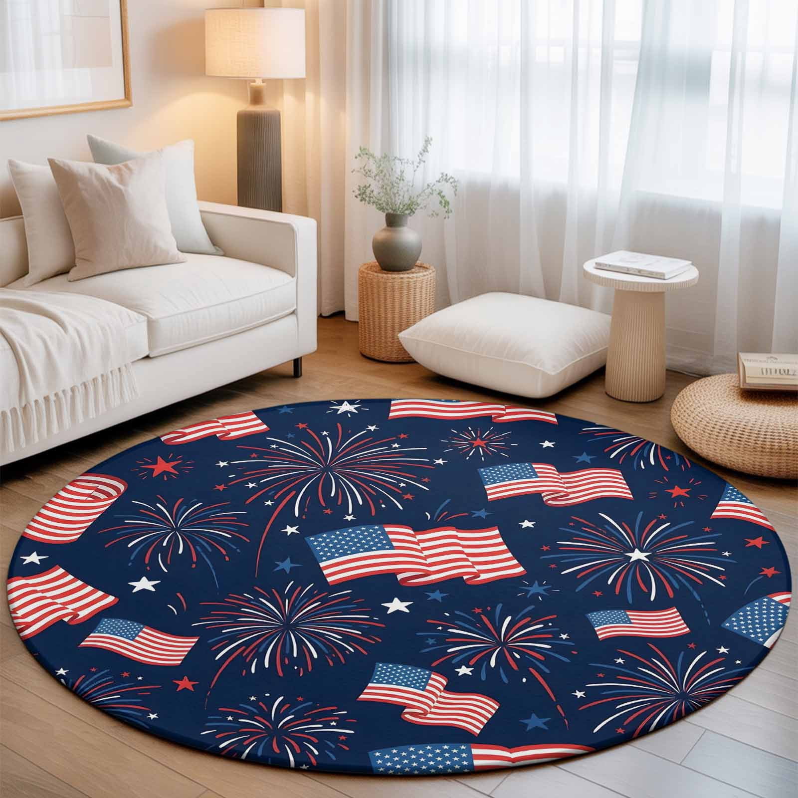Small Round Rug 3Ft, 4th of July Non-Slip Washable Circle Rugs Carpet, Independent Day American Flag Stars Red Blue Indoor Outdoor Rug Floor Mats Throw Runner for Bedroom Living Room Bathroom