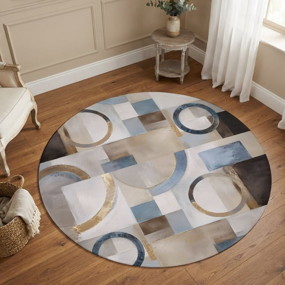 Small Round Rug 3Ft, Abstract Blue Brown Non-Slip Washable Circle Rugs Carpet, Vintage Geometric Color Blocks Indoor Outdoor Rug Floor Mats Throw Runner for Bedroom Living Room Bathroom
