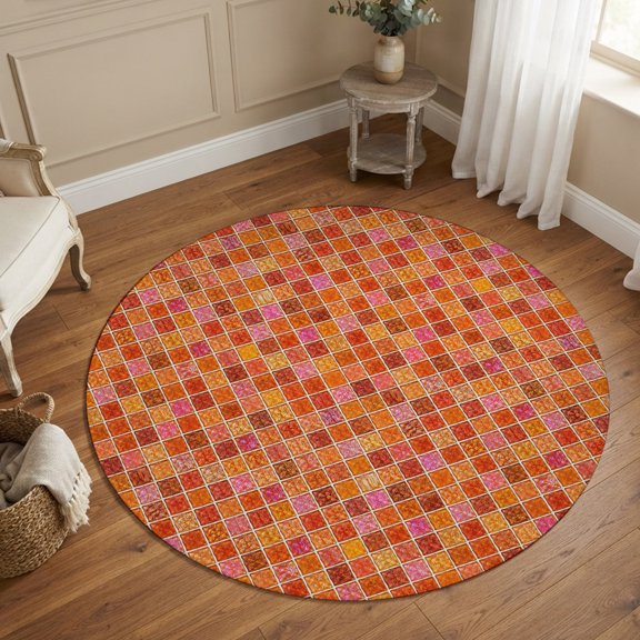 Small Round Rug 3Ft, Abstract Geometric Non-Slip Washable Circle Rugs Carpet, Modern Minimalist Grid Gingham Indoor Outdoor Rug Floor Mats Throw Runner for Bedroom Living Room Bathroom