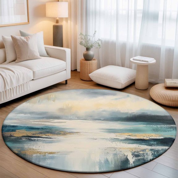 Small Round Rug 3Ft, Abstract Turquoise Gold Non-Slip Washable Circle Rugs Carpet, Modern Oil Painting Ocean Indoor Outdoor Rug Floor Mats Throw Runner for Bedroom Living Room Bathroom