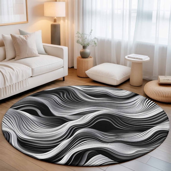 Small Round Rug 3Ft, Abstract Waves Non-Slip Washable Circle Rugs Carpet, Black Grey Modern Geometric Striped Indoor Outdoor Rug Floor Mats Throw Runner for Bedroom Living Room Bathroom