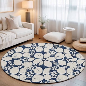 Small Round Rug 3Ft, Beige Flower Pattern Non-Slip Washable Circle Rugs Carpet, Retro Country Tie-dye Floral Abstract Blue Indoor Outdoor Rug Floor Mats Throw Runner for Bedroom Living Room Bathroom