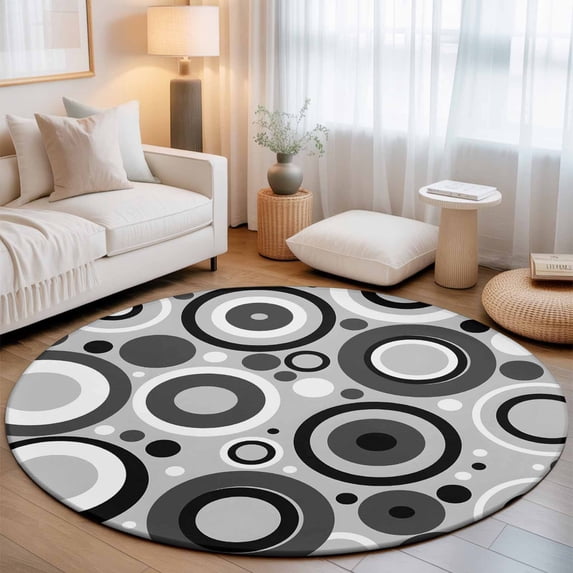 Small Round Rug 3Ft, Black Grey Abstract Non-Slip Washable Circle Rugs Carpet, Modern Geometric Polka Dot Indoor Outdoor Rug Floor Mats Throw Runner for Bedroom Living Room Bathroom