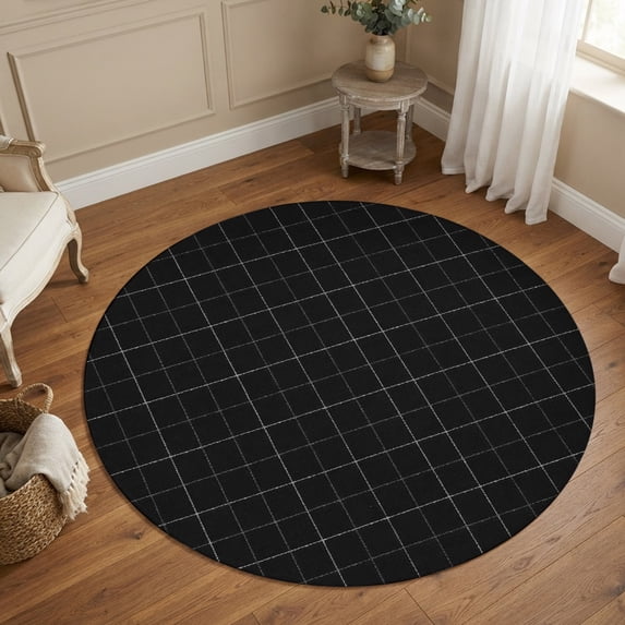 Small Round Rug 3Ft, Black Plaid Grid Non-Slip Washable Circle Rugs Carpet, Modern Abstract Dark Checkered Indoor Outdoor Rug Floor Mats Throw Runner for Bedroom Living Room Bathroom