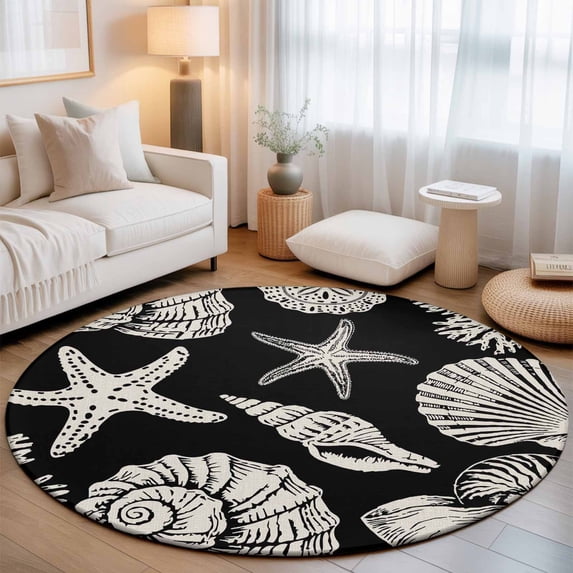 Small Round Rug 3Ft, Black Starfish Coastal Non-Slip Washable Circle Rugs Carpet, Shell Coral Summer Beach Nautical Ocean Indoor Outdoor Rug Floor Mats Throw Runner for Bedroom Living Room Bathroom