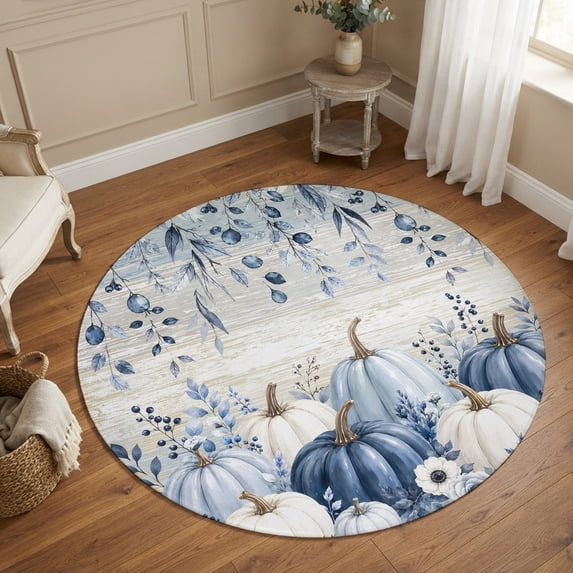 Small Round Rug 3Ft, Blue Grey Pumpkins Fall Non-Slip Washable Circle Rugs Carpet, Thanksgiving Floral Botanical Vintage Indoor Outdoor Rug Floor Mats Throw Runner for Bedroom Living Room Bathroom