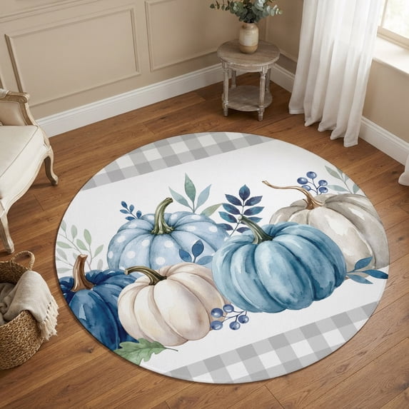 Small Round Rug 3Ft, Blue White Pumpkin Fall Non-Slip Washable Circle Rugs Carpet, Thanksgiving Eucalyptus White Plaid Indoor Outdoor Rug Floor Mats Throw Runner for Bedroom Living Room Bathroom