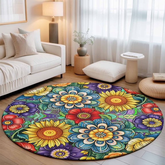 Small Round Rug 3Ft, Boho Colorful Floral Non-Slip Washable Circle Rugs Carpet, Spring Flower Botanical Sunflowers Plant Indoor Outdoor Rug Floor Mats Throw Runner for Bedroom Living Room Bathroom