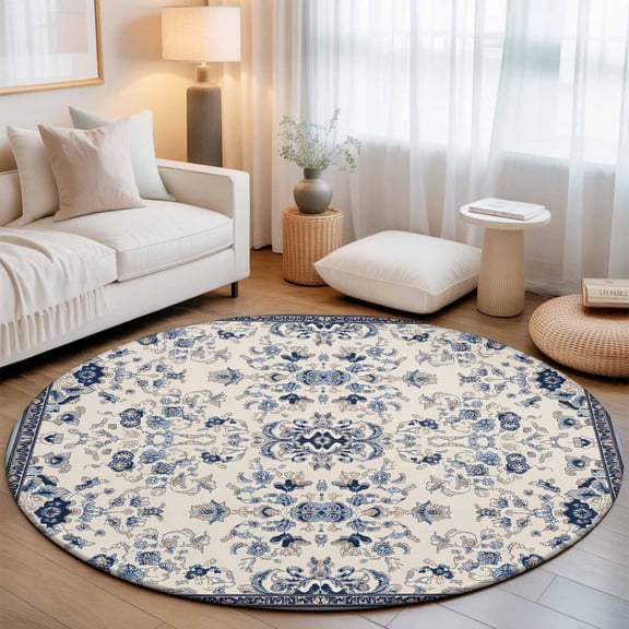Small Round Rug 3Ft, Boho Ethnic Non-Slip Washable Circle Rugs Carpet, Vintage Shabby Southwest Floral Motifs Indoor Outdoor Rug Floor Mats Throw Runner for Bedroom Living Room Bathroom