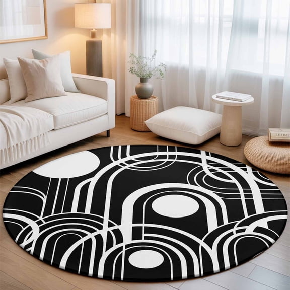 Small Round Rug 3Ft, Boho Non-Slip Washable Circle Rugs Carpet, Abstract Ethnic Geometric Bohemia Black White Indoor Outdoor Rug Floor Mats Throw Runner for Bedroom Living Room Bathroom