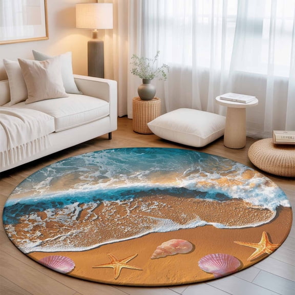 Small Round Rug 3Ft, Coastal Beach Non-Slip Washable Circle Rugs Carpet, Summer Ocean Sea Waves Starfish Blue Beige Indoor Outdoor Rug Floor Mats Throw Runner for Bedroom Living Room Bathroom