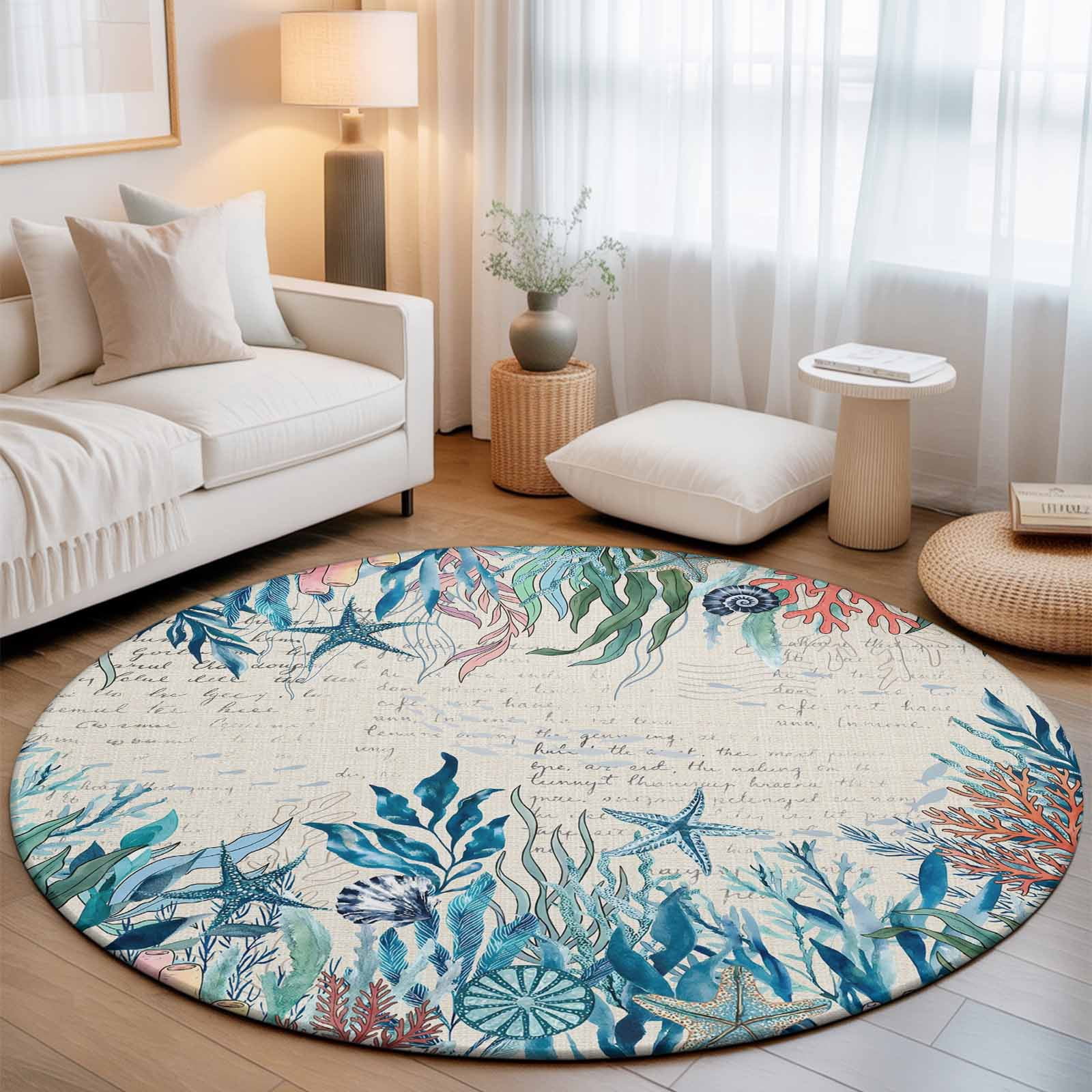 Small Round Rug 3Ft, Coastal Green Seaweed Non-Slip Washable Circle Rugs Carpet, Summer Beach Coral Starfish Rustic Indoor Outdoor Rug Floor Mats Throw Runner for Bedroom Living Room Bathroom