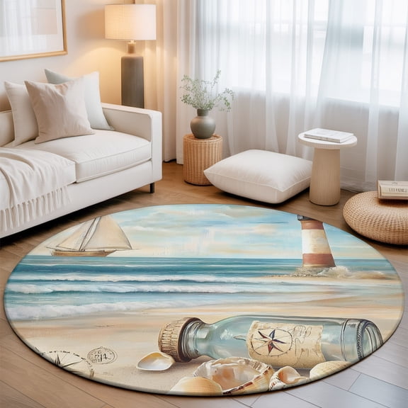 Small Round Rug 3Ft, Coastal Nautical Non-Slip Washable Circle Rugs Carpet, Summer Ocean Beach Wave Compass Indoor Outdoor Rug Floor Mats Throw Runner for Bedroom Living Room Bathroom